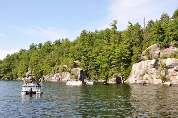 Sebago Lake’s shoreline features include Frye’s Leap, jumping from which served as a rite of passage for generations of local youths, a practice now discouraged.